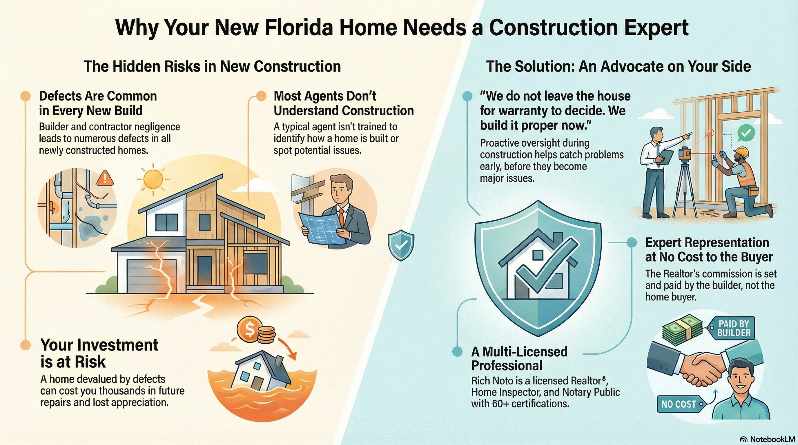 Why new Florida homes need a construction expert. It highlights risks like defects and agent inexperience, and shows benefits of expert representation, including oversight and a multi-licensed professional Rich Noto Realtor on your side.
